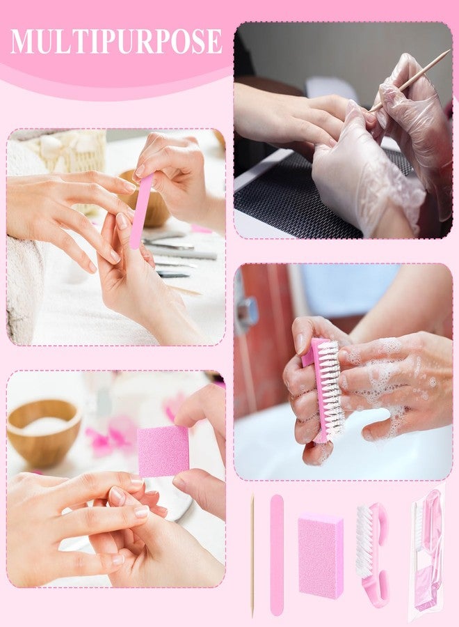 Leriton 100 Sets Professional Disposable Manicure Kit Basics 4 Piece Nail Kit Wood Nail File 100/180 Grit, Mini Buffer 80/100 Grit, Wood Stick and Handle Grip Brush Gifts(Pink) - Image 4